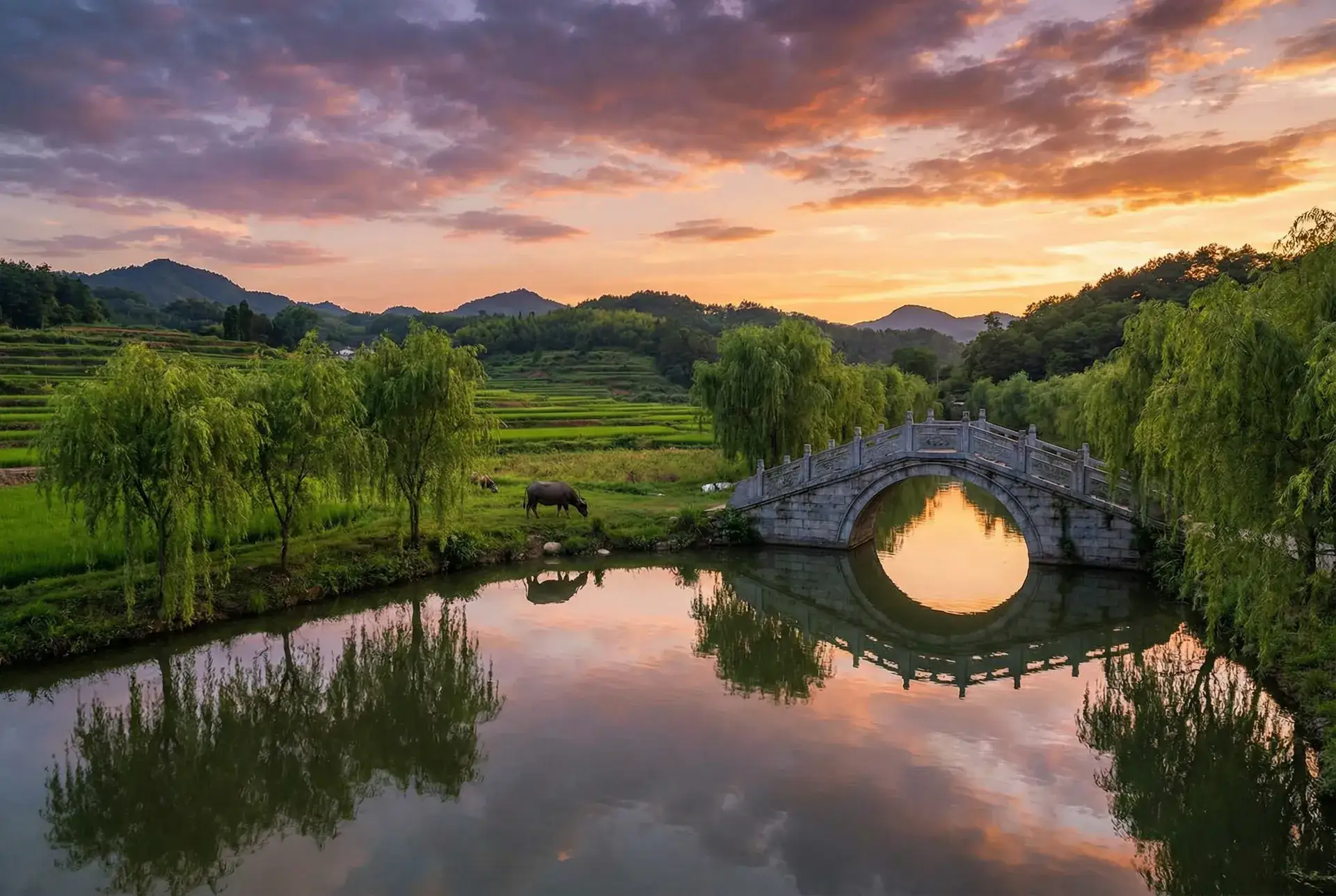 夕阳下的石拱桥与垂柳，水牛在河边吃草 - 在车里打扑克又疼又叫全程 乡村美景